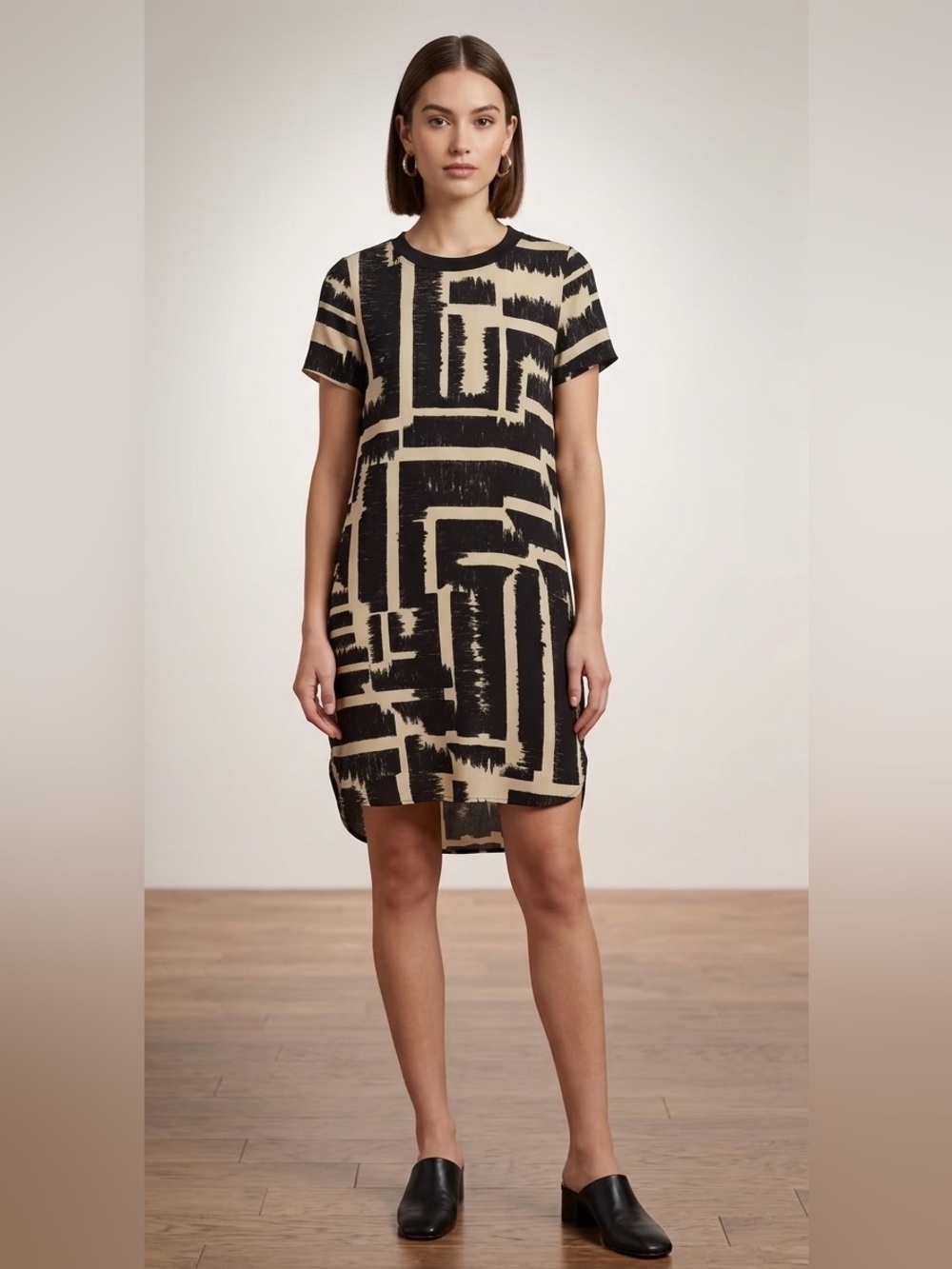 Hunter Bell NY Silk Chiffon Abstract Brushstroke HighLow Tunic Dress Cream/Black